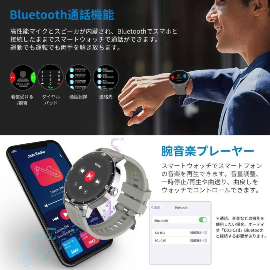 スマートウォッチ 通話機能付き 1.72インチ Bluetooth5.2 防水