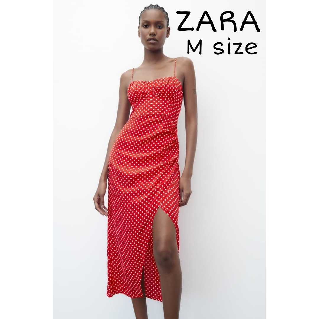 ZARA(ザラ)のZARA　ドットプリント コルセット ワンピース　Mサイズ　レッド レディースのワンピース(ひざ丈ワンピース)の商品写真