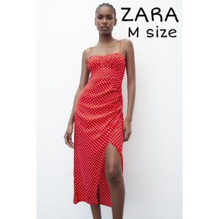 ザラ(ZARA)のZARA　ドットプリント コルセット ワンピース　Mサイズ　レッド(ひざ丈ワンピース)