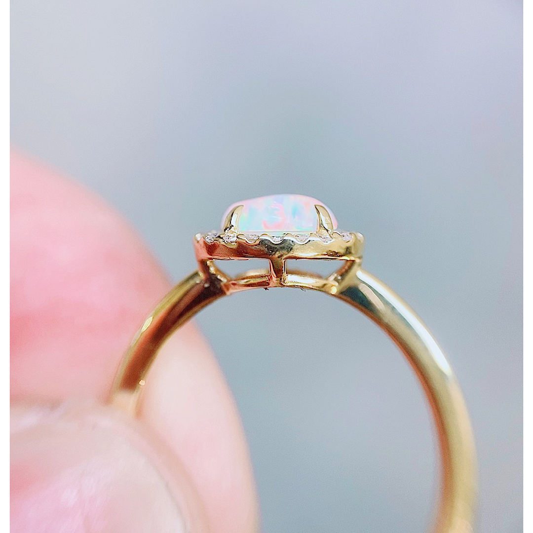 ★0.38ct★✨ホワイトオパール0.14ctダイヤモンドK18リング指輪11号 レディースのアクセサリー(リング(指輪))の商品写真