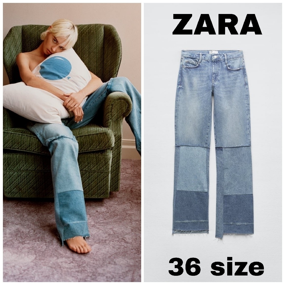 ZARA - ZARA TRF BOOT-CUT LOW-RISE パッチワーク デニムパンツ ZARA - ZARA TRF BOOT-CUT LOW-RISE パッチワーク デニムパンツ