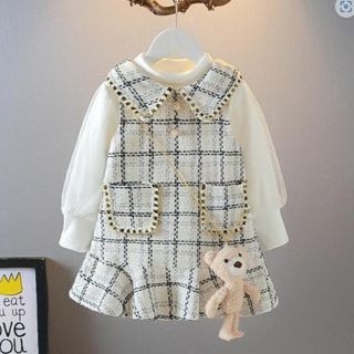 【新品】110 女の子 ツィード ワンピース セットアップ 3点セット 韓国服(ワンピース)