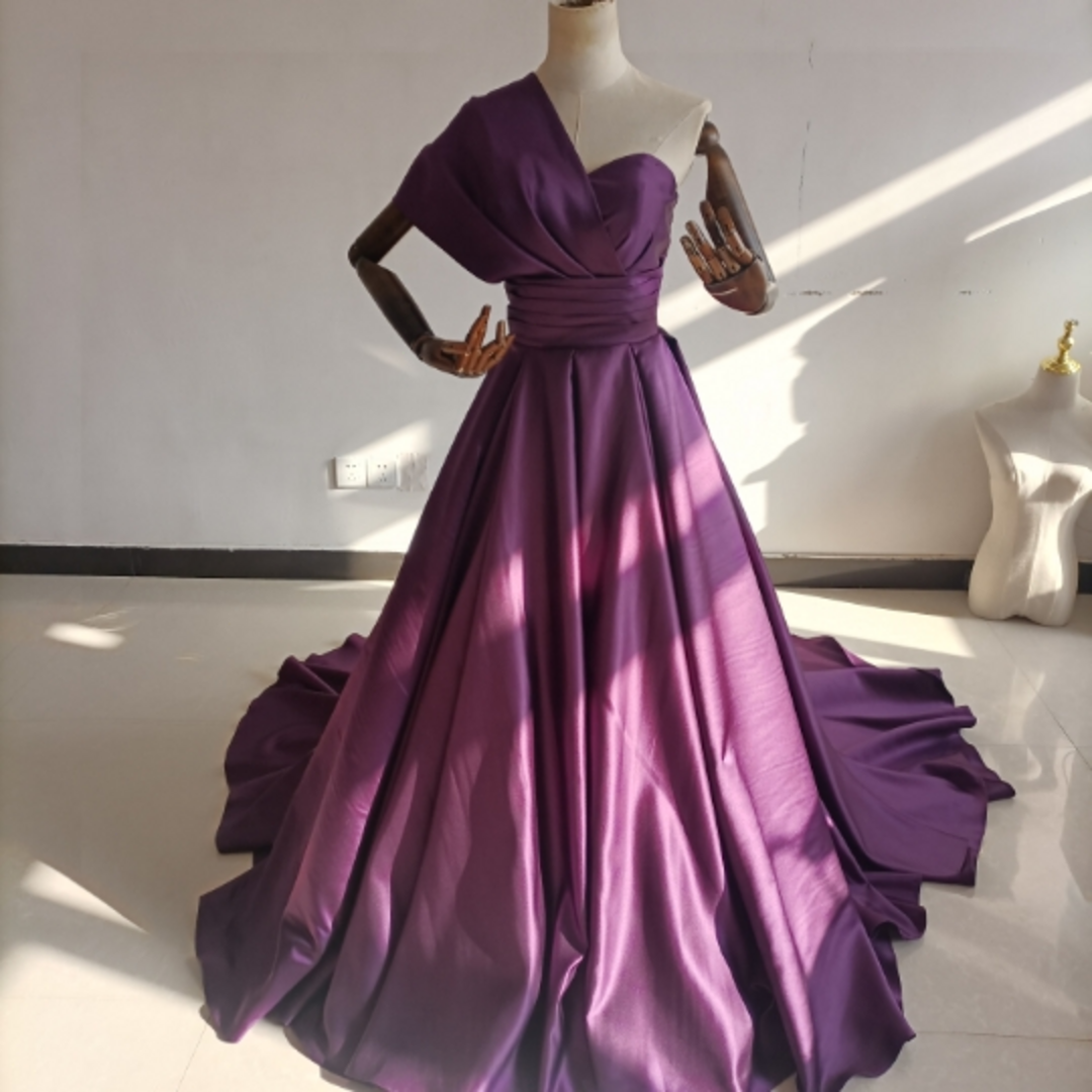 豪華！パーティードレス 紫 ワンショルダー Aライン 前撮り 音楽会 編み上げウェディングドレス