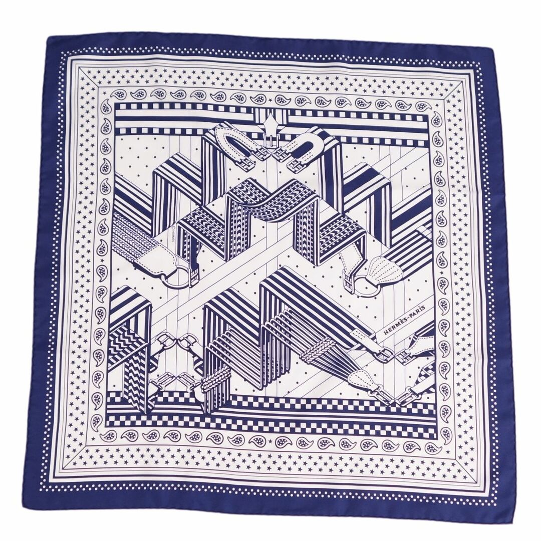 極美品 エルメス HERMES スカーフ バンダナ カレ55 Sangles en Zigzag bandana ジグザグのサングル シルク100％ レディース ネイビー/ホワイトカラーネイビーホワイト