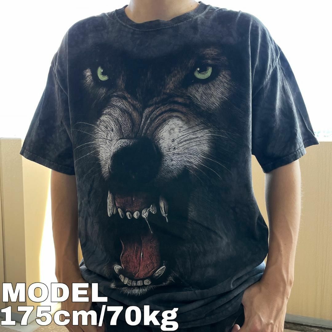 【ビッグサイズ】アニマルTシャツ ウルフ オオカミ ブラック