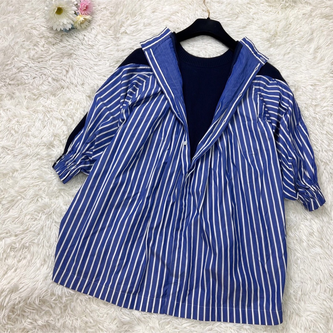 美品♡sacai サカイ 異素材 プリーツ ストライプ ニット ドッキングシャツ