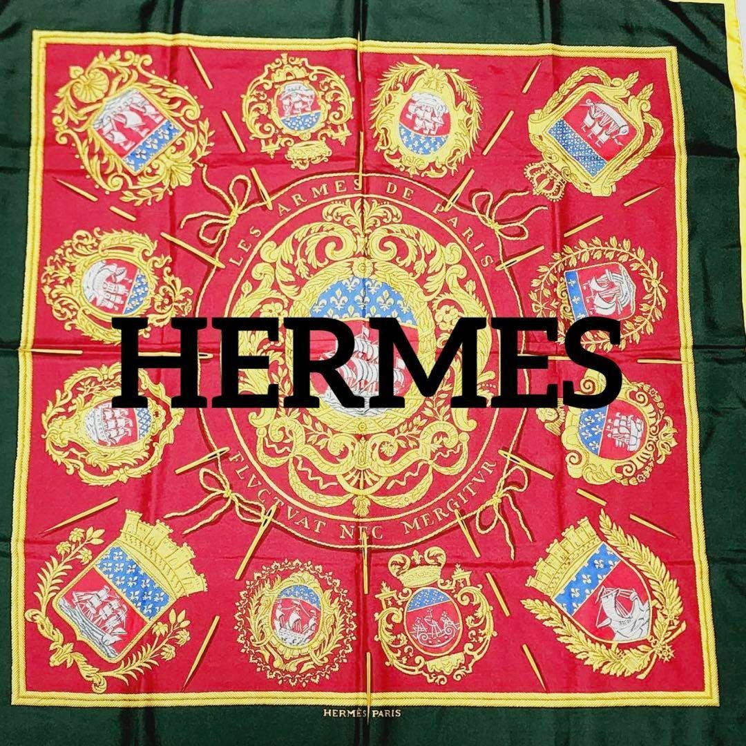 美品 ★HELMES★ スカーフ カレ 帆船 エンブレム 刺繍 レッド グリーン