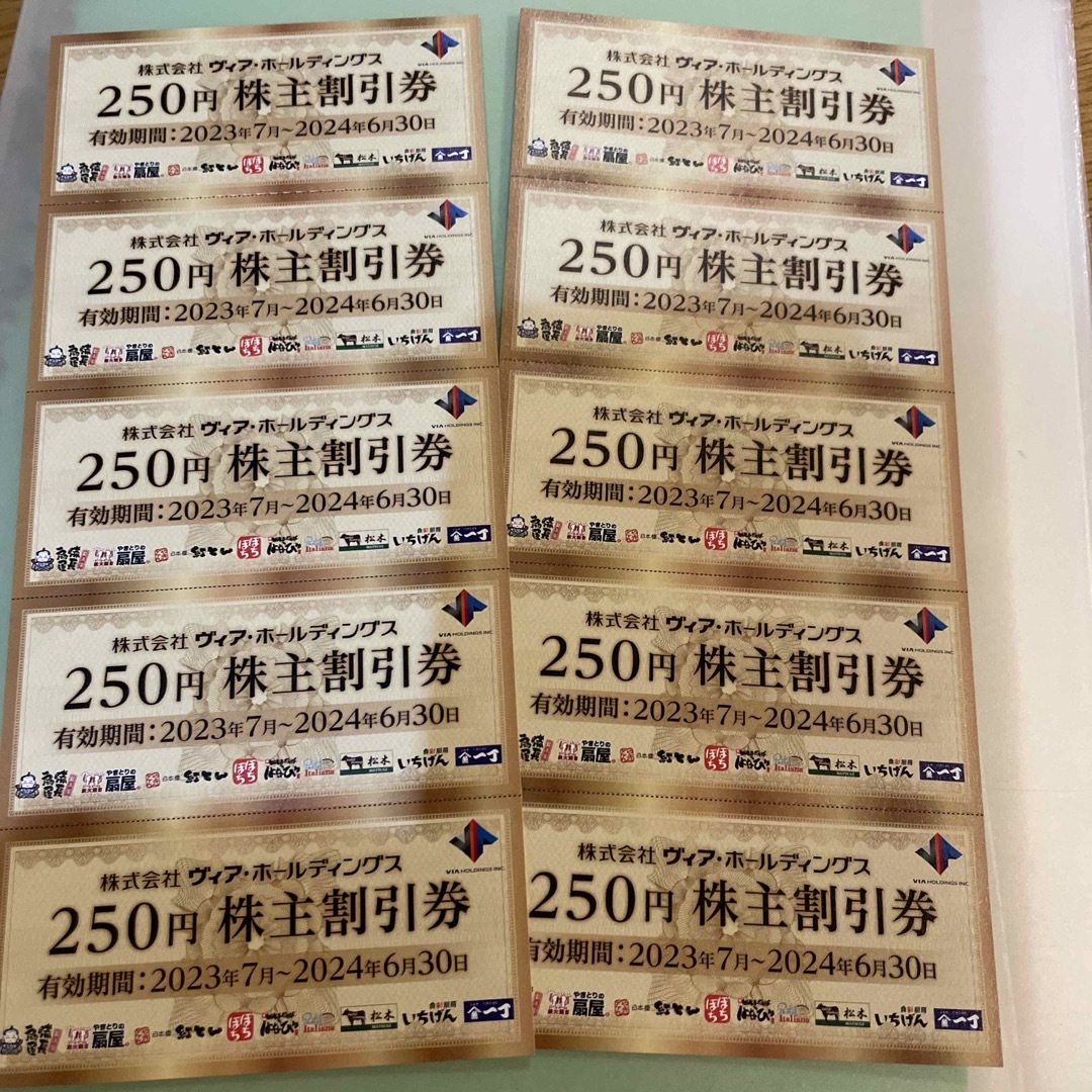 ヴィアホールディングス　株主優待券250円✕10枚　2500円 チケットの優待券/割引券(レストラン/食事券)の商品写真