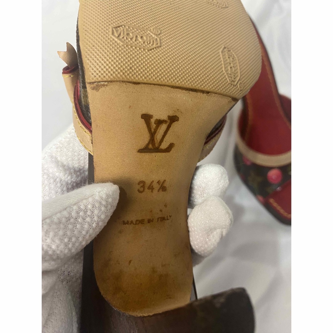 未使用 ルイ・ヴィトン モノグラム チェリー ミュールサンダル レディース 茶 赤 35 ヒール 村上隆 LOUIS VUITTON