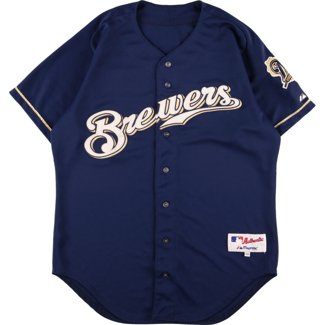 Majestic MLB MILWAUKEE BREWERS ミルウォーキーブルワーズ ゲームシャツ ベースボールシャツ USA製 メンズXL /eaa364326ネイビー系紺色柄