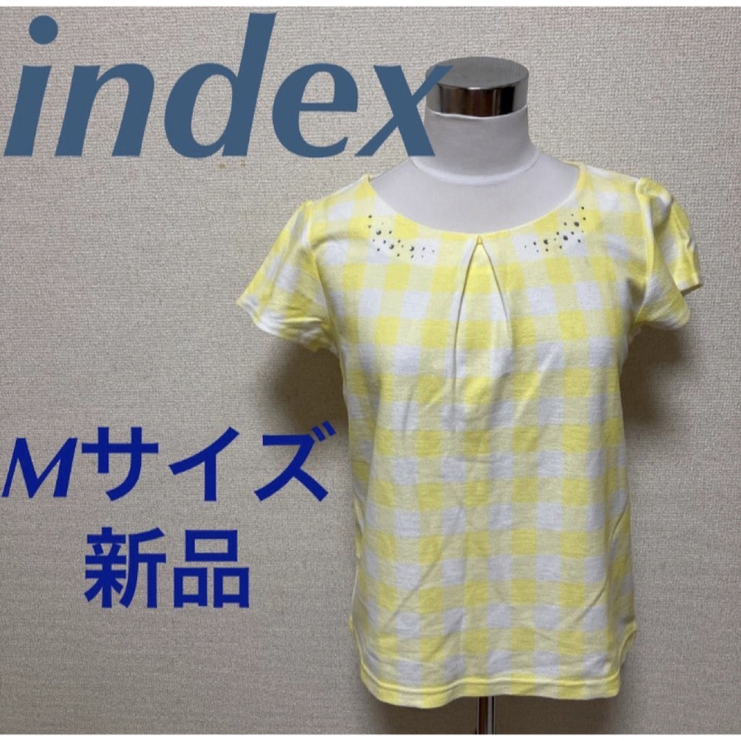 INDEX(インデックス)のインデックス　ギンガムチェックカットソー 半袖トップス　ビジュー　イエロー　M  レディースのトップス(カットソー(半袖/袖なし))の商品写真