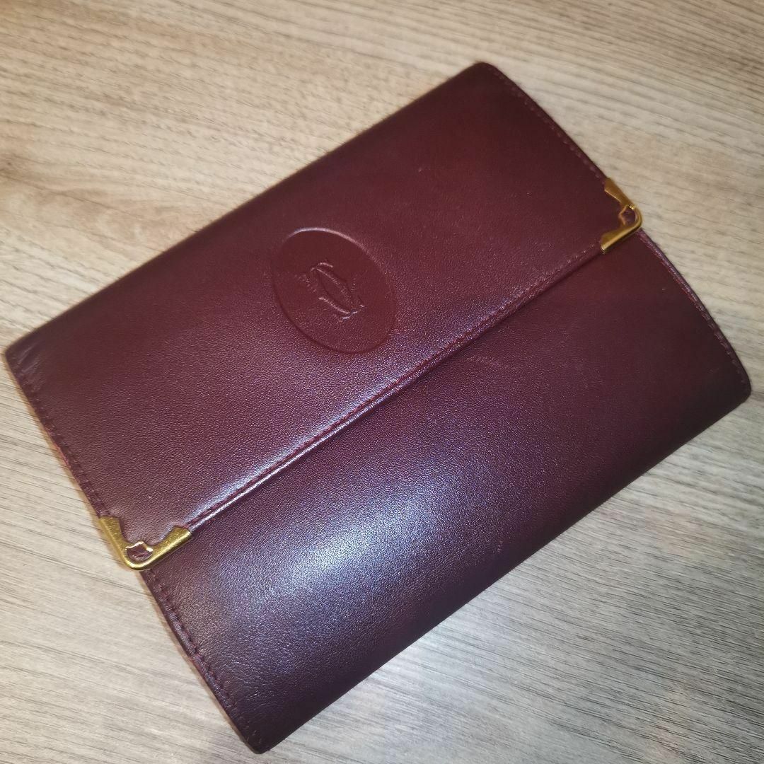 151超美品 オールドカルティエ 三つ折り財布 がま口 ボルドー レザー