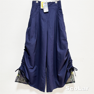 スカラー(ScoLar)の【ScoLar】スカラー 麻混 グラフィックシフォン ワイドパンツ タグ付未使用(カジュアルパンツ)