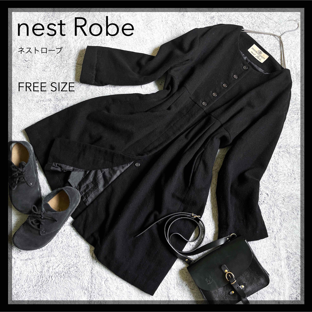 【nest Robe】ネストローブ ウールリネン オーバーサイズ ワンピース F約56cm袖丈