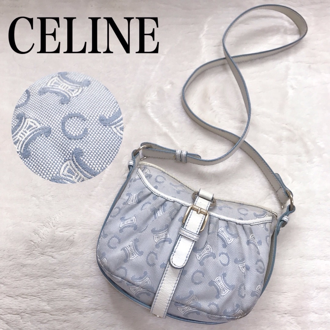 CELINE セリーヌ マカダム柄 デニム ショルダーバッグ レザー ブルー