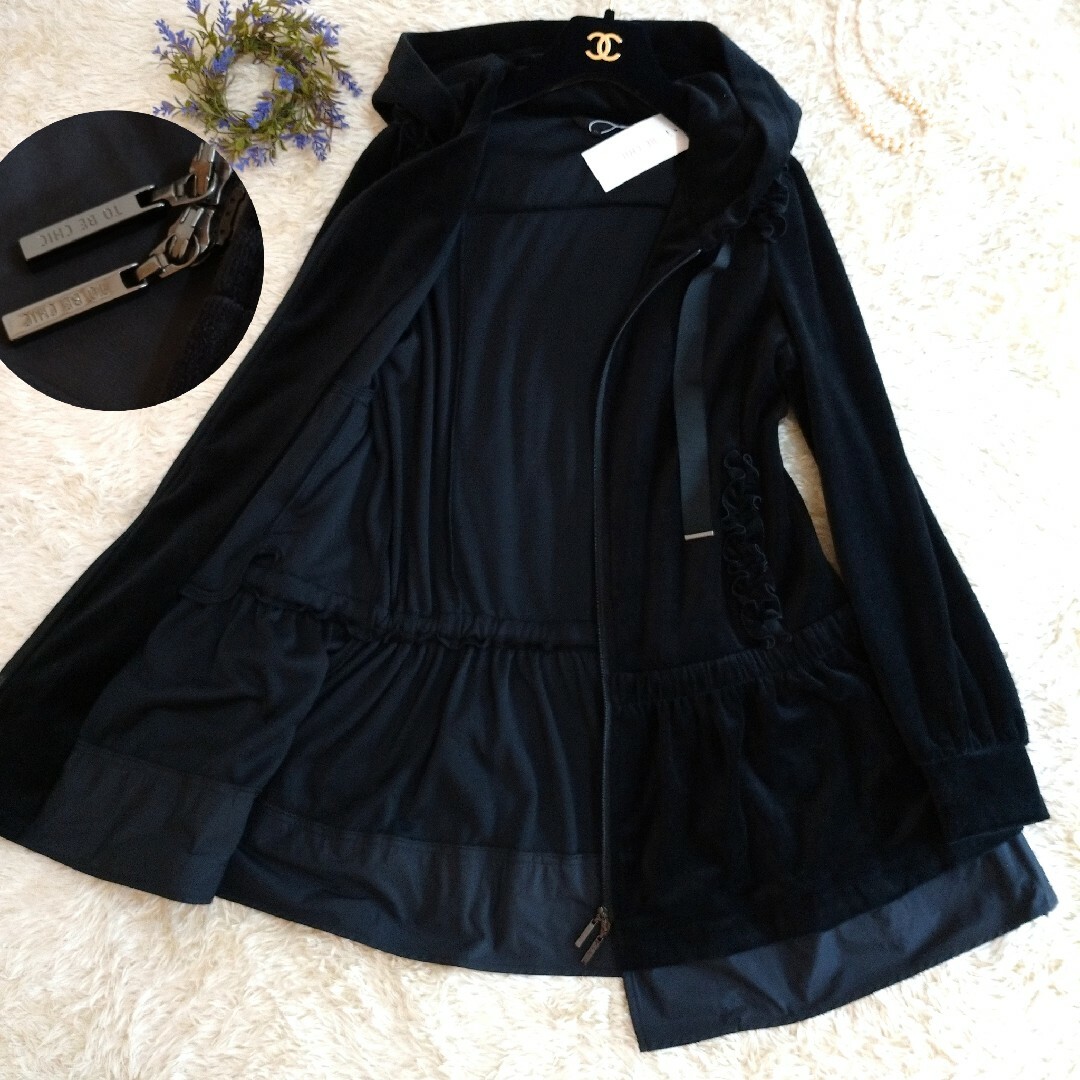 新品タグ付き☆TO BE CHIC パーカー フリル ベロア 異素材ミックス L