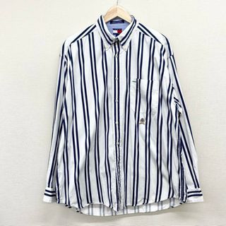 トミーヒルフィガー(TOMMY HILFIGER)のUS古着 トミーヒルフィガー TOMMY HILFIGER ボタンダウンシャツ 長袖 ストライプ ワンポイント エンブレム 刺繍 サイズ：メンズ L ホワイト×ネイビー【中古】(シャツ)