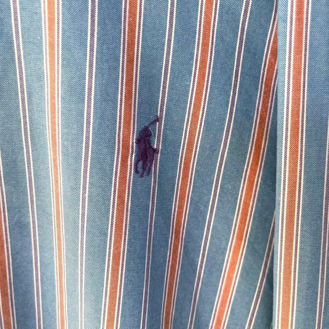ラルフローレン　長袖ポロ刺繍ロゴストライプBDシャツ　サイズL ブルー×オレンジ