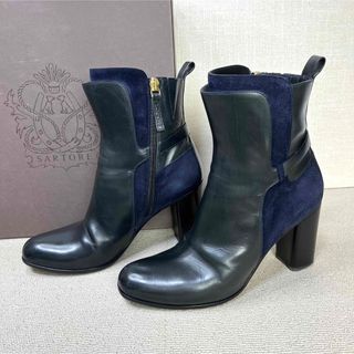 37 SARTORE ショートブーツ ネイビー レザー 本革 ジップ サルトル