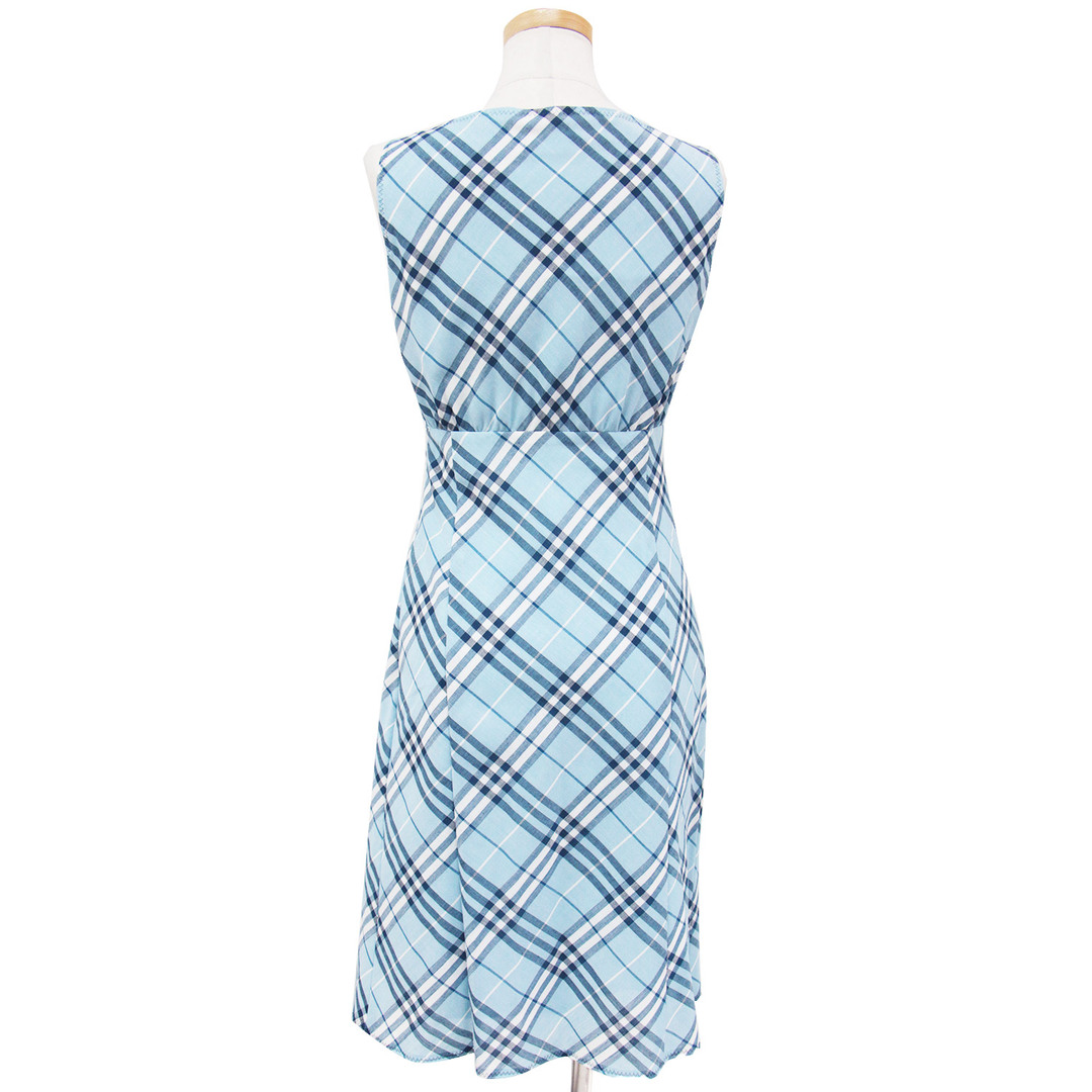 BURBERRY BLUE LABEL バーバリー ブルーレーベル ワンピース ミディ丈 ブルー系 36(S) ひざ丈 Vネック ノースリーブ バイアス チェック ポリエステル ウール 大人女子 きれいめ 上品 フェミニン ブランド 日本製 秋冬【レディース】【中古】