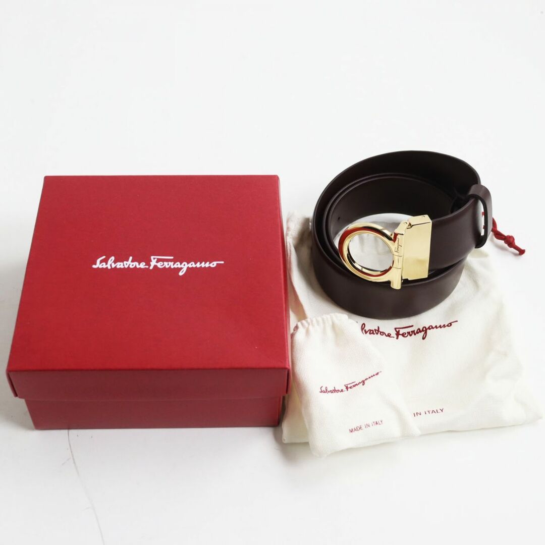 未使用品●Salvatore Ferragamo サルヴァトーレフェラガモ ガンチーニバックル レザーベルト ボルドー×ゴールド イタリア製  箱/保存袋付き