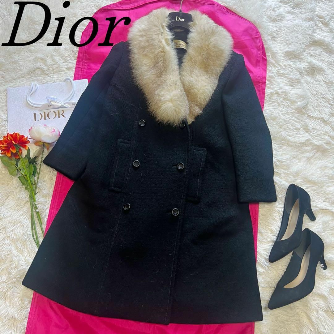 【良品】Christian Dior ファー襟コート ブラック ロング