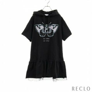 レッドヴァレンティノ(RED VALENTINO)のスウェットドレス バタフライプリント ワンピース レース ブラック ライトパープル ライトグリーン ダメージ加工(カットソー(半袖/袖なし))