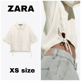 ザラ(ZARA)のZARA　ドローストリング サテン シャツ　XSサイズ　オフホワイト(シャツ/ブラウス(半袖/袖なし))