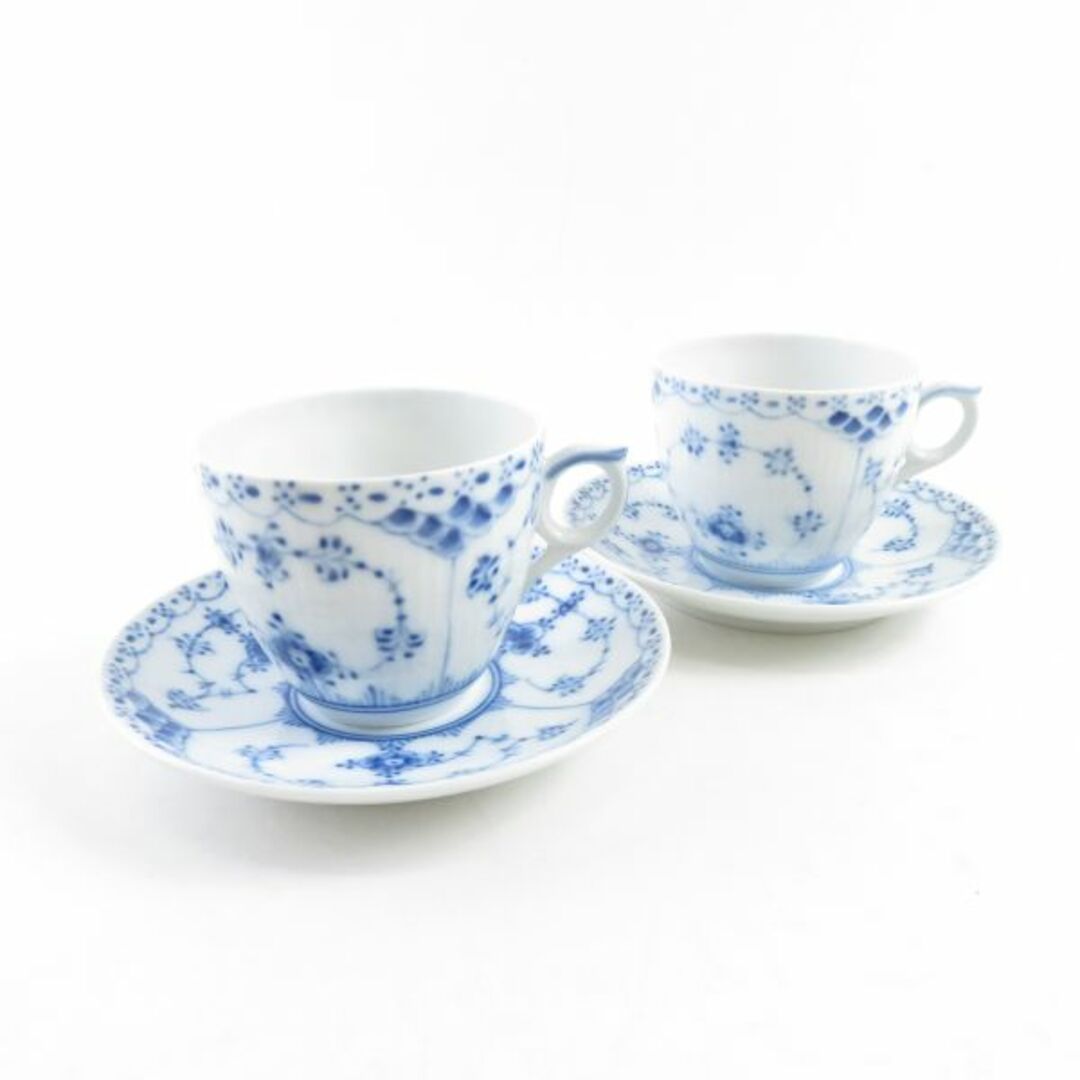 美品 ROYAL COPENHAGEN ロイヤルコペンハーゲン ブルーフルーテッドハーフレース コーヒーカップ＆ソーサー 2客 ペア SY6740P