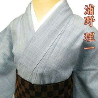 特選 紬 着物 中古 正絹 袷 カジュアル 紋付 浦野理一 空色 身丈161cm