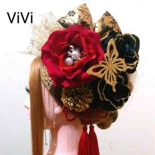 髪飾りViVi～簪&金ラメ蝶・赤×黒薔薇～成人式 結婚式 卒業式 振袖 髪飾り(和装小物)