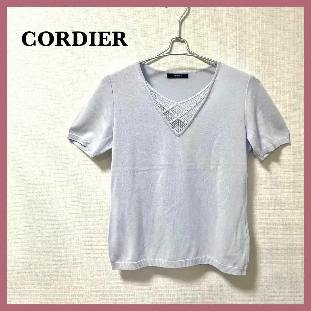 CORDIER(コルディア)のほぼ未使用☆CORDIER コルディア　襟レース半袖ニット　Vネック　40 春夏 レディースのトップス(カットソー(半袖/袖なし))の商品写真