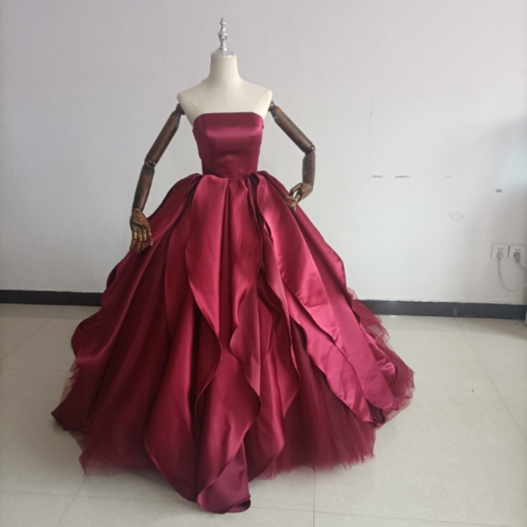 美品！憧れのドレス ボルドー色  取り外しオフショルダー ベアトップ 花嫁/前撮