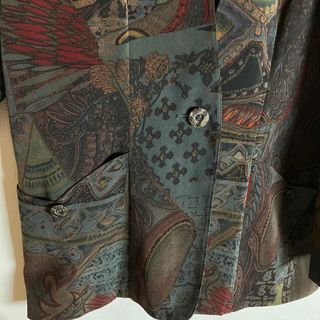 ノーカラージャケット 総柄 レトロボタン ヨーロピアン柄 黒 緑 茶 長袖 古着