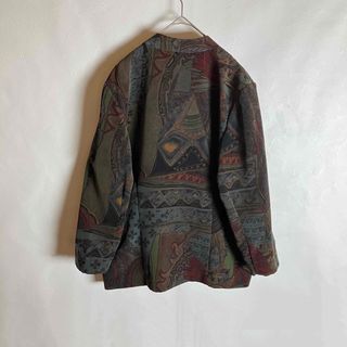 ノーカラージャケット 総柄 レトロボタン ヨーロピアン柄 黒 緑 茶 長袖 古着