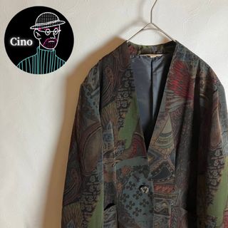ノーカラージャケット 総柄 レトロボタン ヨーロピアン柄 黒 緑 茶 長袖 古着