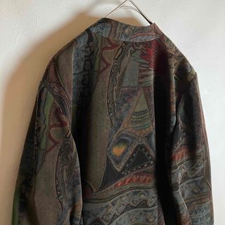 ノーカラージャケット 総柄 レトロボタン ヨーロピアン柄 黒 緑 茶 長袖 古着