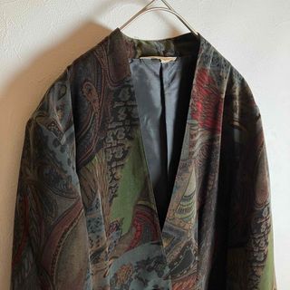 ノーカラージャケット 総柄 レトロボタン ヨーロピアン柄 黒 緑 茶 長袖 古着
