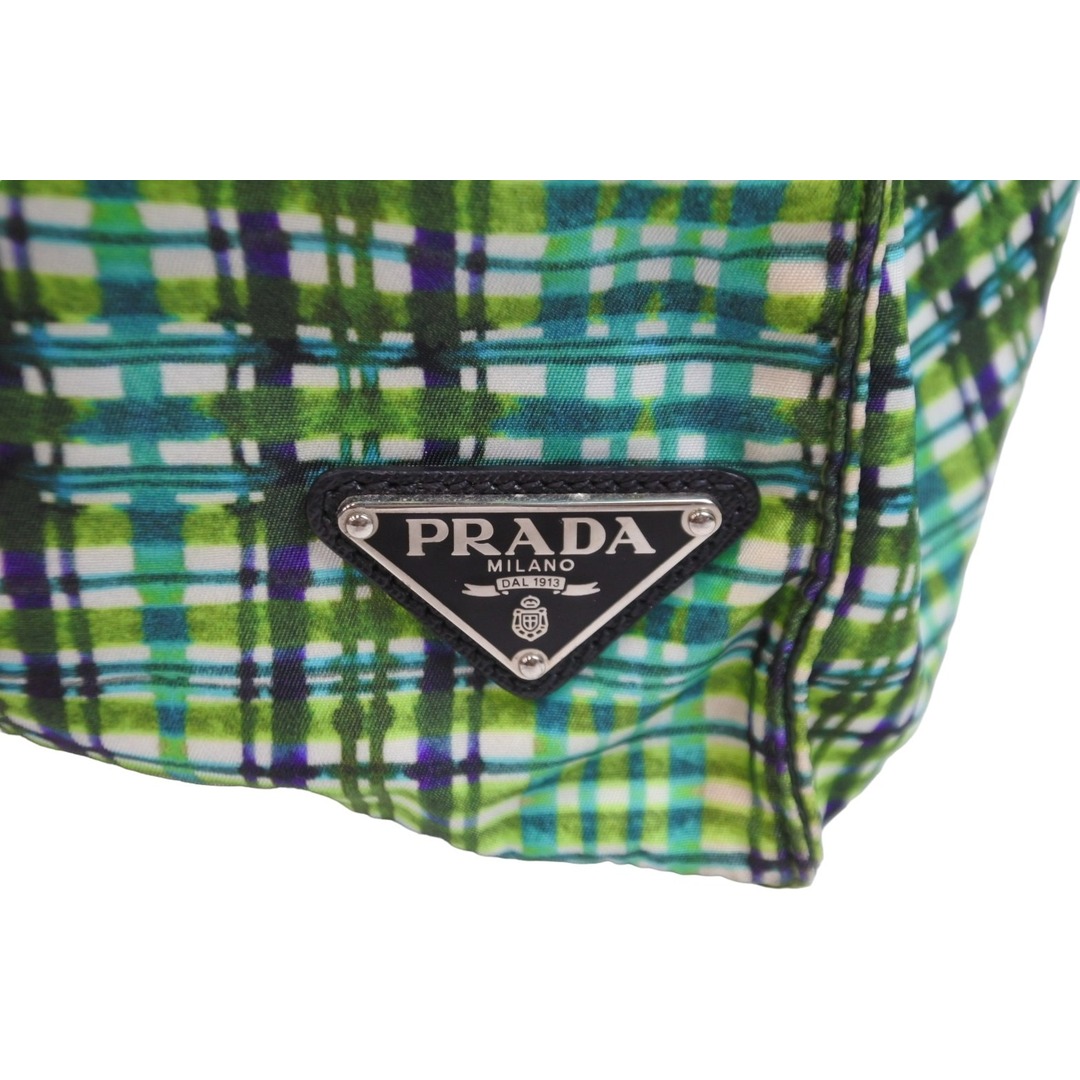 PRADA プラダ トートバッグ グリーン チェック柄 トライアングルロゴ ナイロン サフィアーノ シルバー金具 美品  53677 5