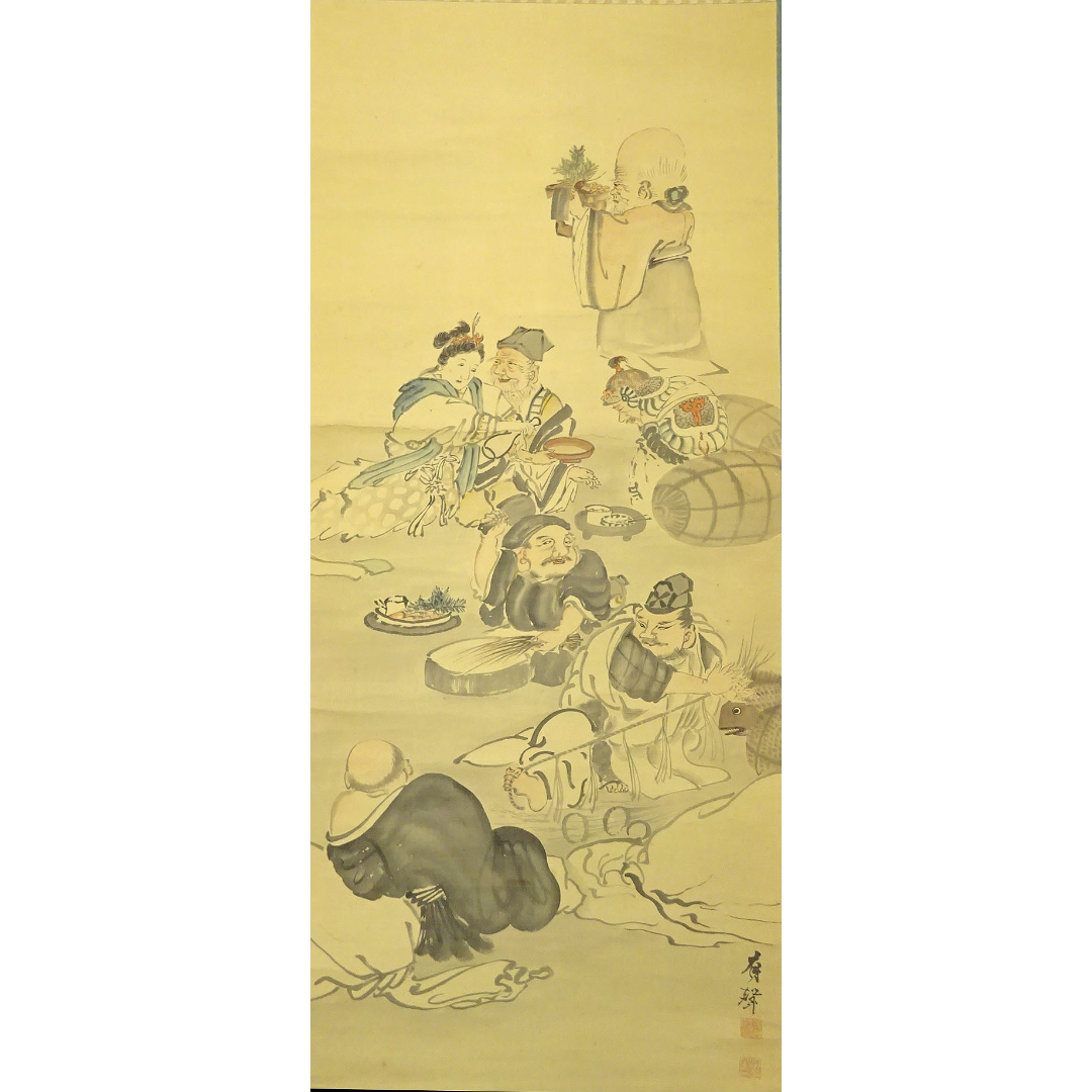 掛軸 有聲『七福神図』日本画 絹本 肉筆 箱付 掛け軸 p12252の 掛軸 有聲『七福神図』日本画 絹本 肉筆 箱付 掛け軸 p12252の