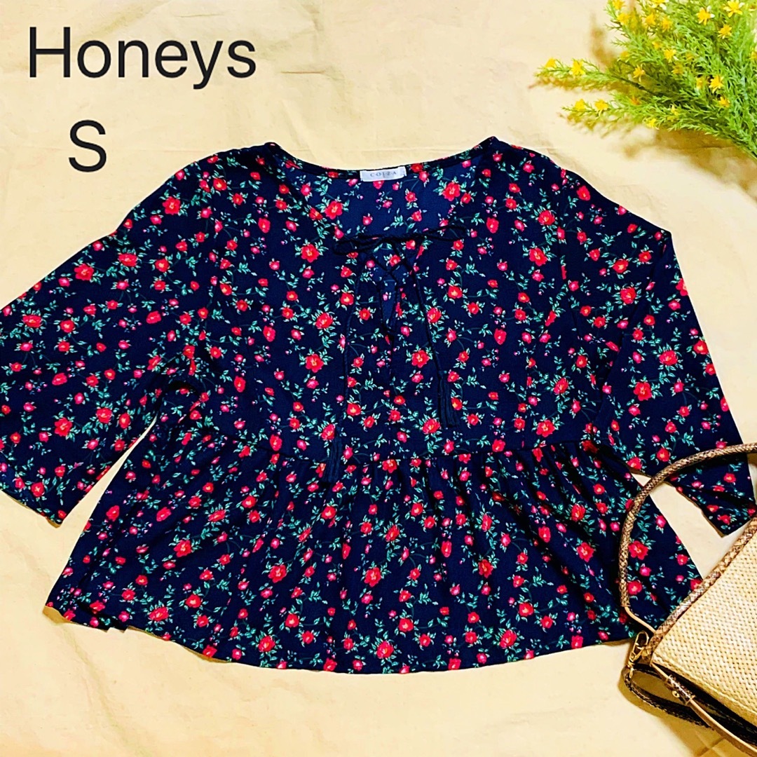 HONEYS(ハニーズ)の【美品】Honeys チュニック 花柄 S ブラック レディースのトップス(シャツ/ブラウス(長袖/七分))の商品写真