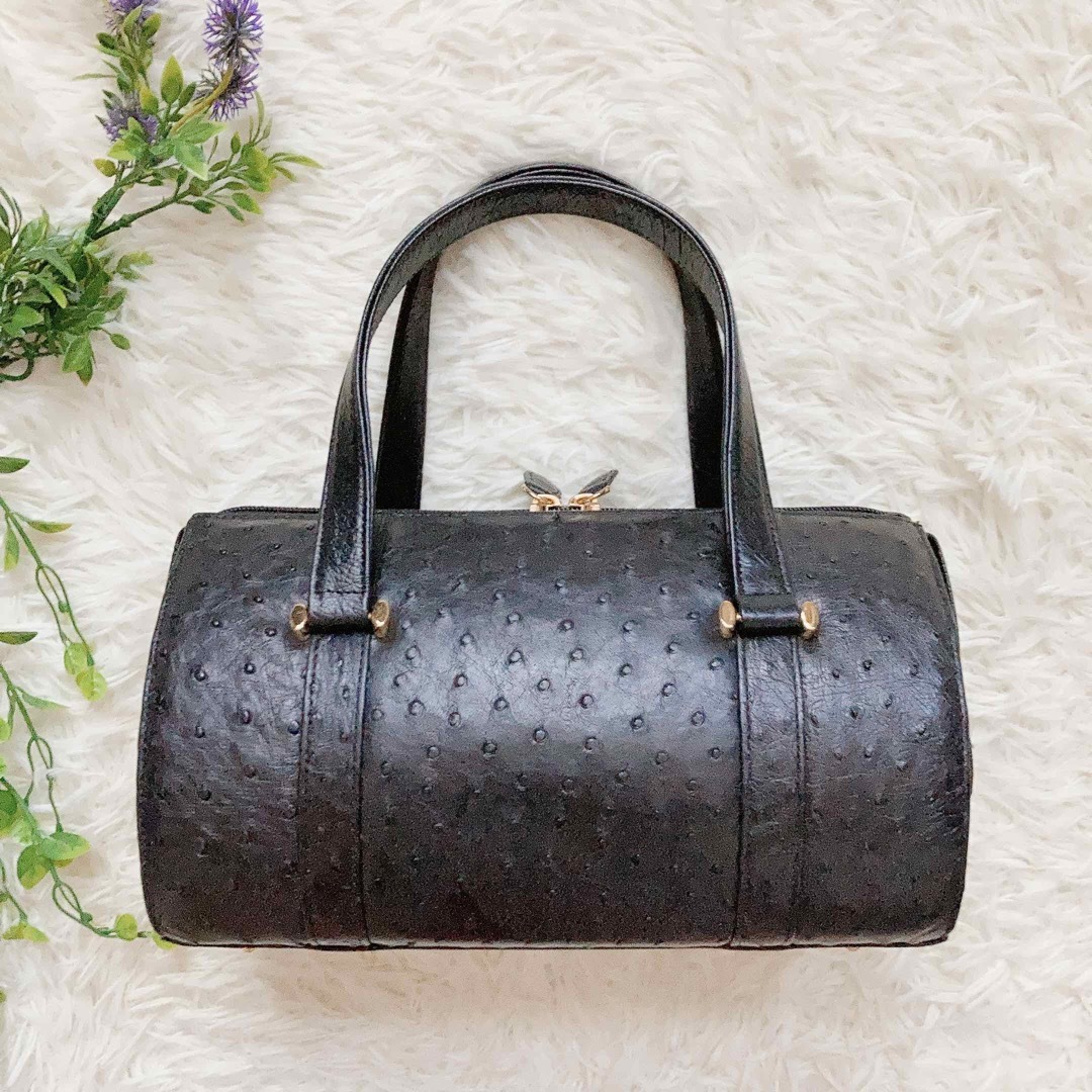 美品】オーストリッチ ハンドバッグ ミニボストンバッグ - ハンドバッグ