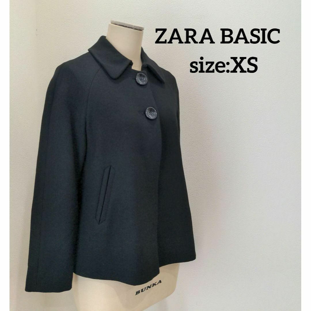 ZARA(ザラ)のzara basic 裏地 衿付 ショート丈 コート 大人可愛い ブラック XS レディースのジャケット/アウター(ピーコート)の商品写真