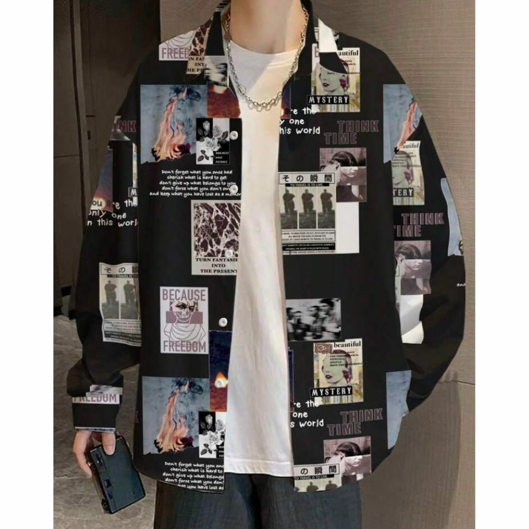 アロハシャツ メンズ 長袖 シャツ 柄物 黒 バンド コラージュ 写真 韓国 メンズのトップス(シャツ)の商品写真