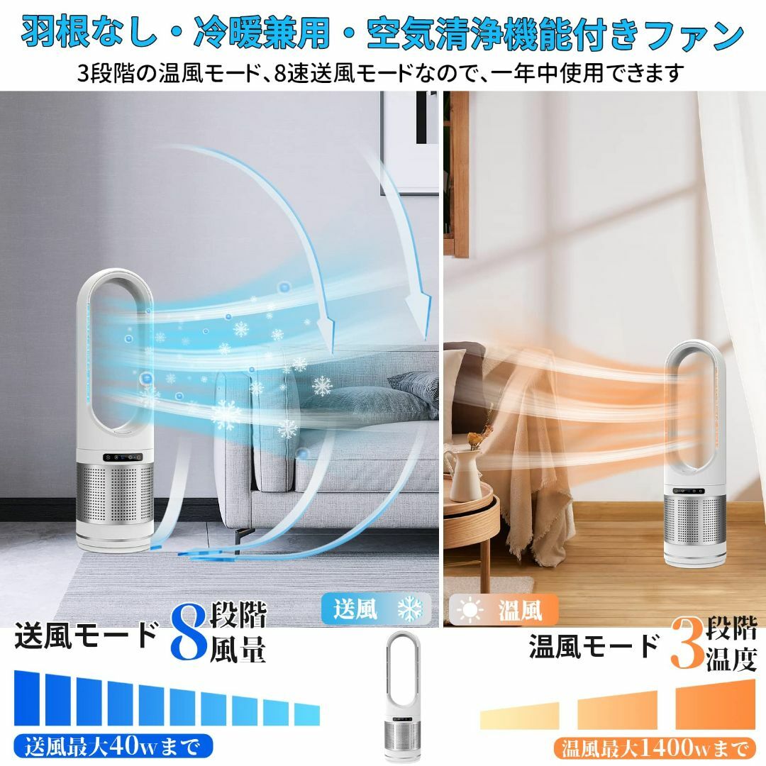 扇風機 タワーファン 羽根なし扇風機温/冷風・空気浄化・一台３役