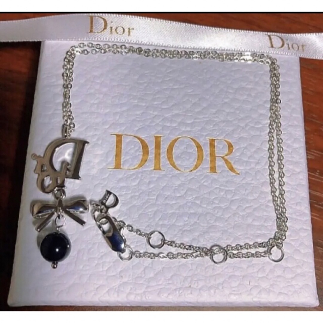 Christian Dior - Dior リボン ネックレス 可愛い Silverロゴ パール黒