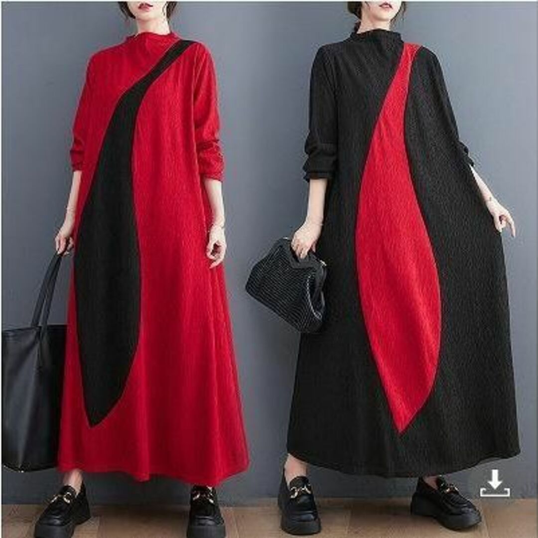 大きいサイズ レディース ワンピース ロング レッド 春 秋冬 新品 長袖