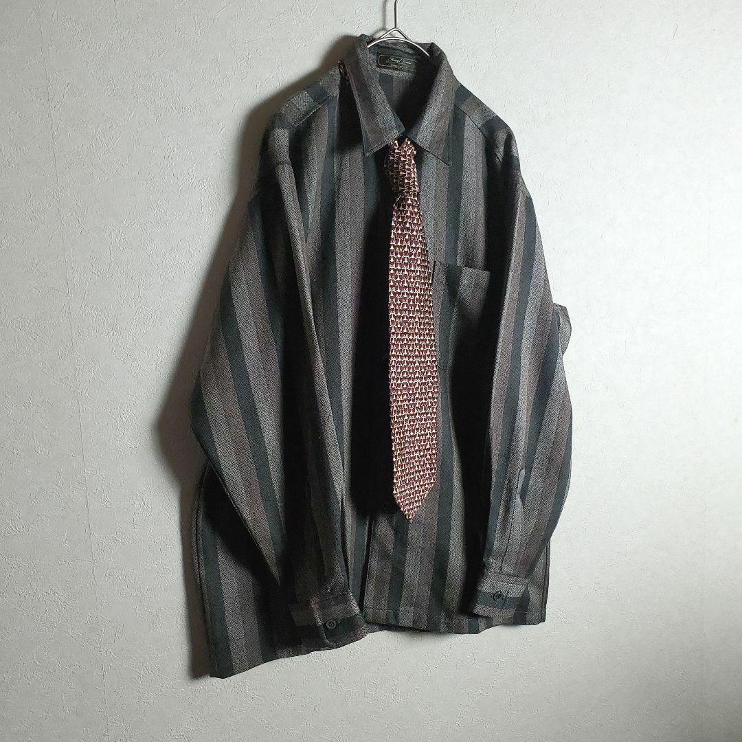 【ダークカラー】長袖 シャツ 総柄 デザイン ゆるだぼ ポケット 黒 グレー