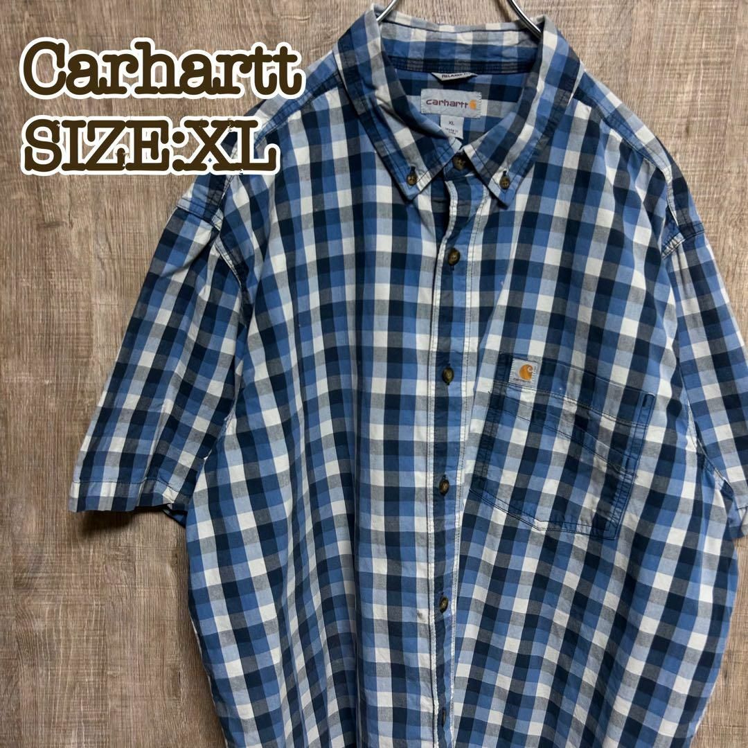 Carhartt カーハート　半袖BDシャツ　青×黒チェック　ロゴタグ　XL