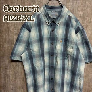 カーハート(carhartt)のCarhartt カーハート　半袖BDシャツ　水色×ネイビーブロックチェックXL(シャツ)